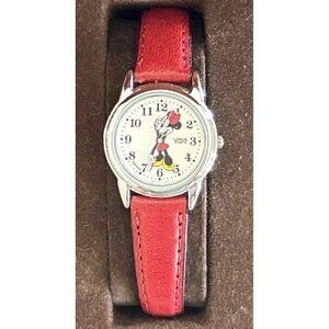 Lorus Minnie Mouse Watch Gold Tone Red Leather Band Disney Works 7.5"